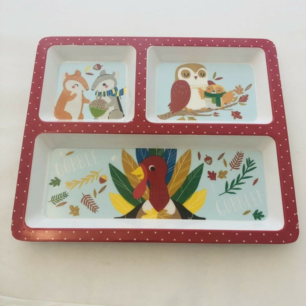 Kohl’s Harvest Kid’s 9.5 Inch Melamine Divided Thanksgiving Plate Turkey Owl